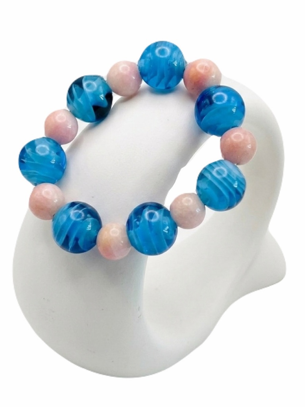 New Handmade Blue Glass Swirl & Pink Jade Beaded Elastic Bracelet OOAK